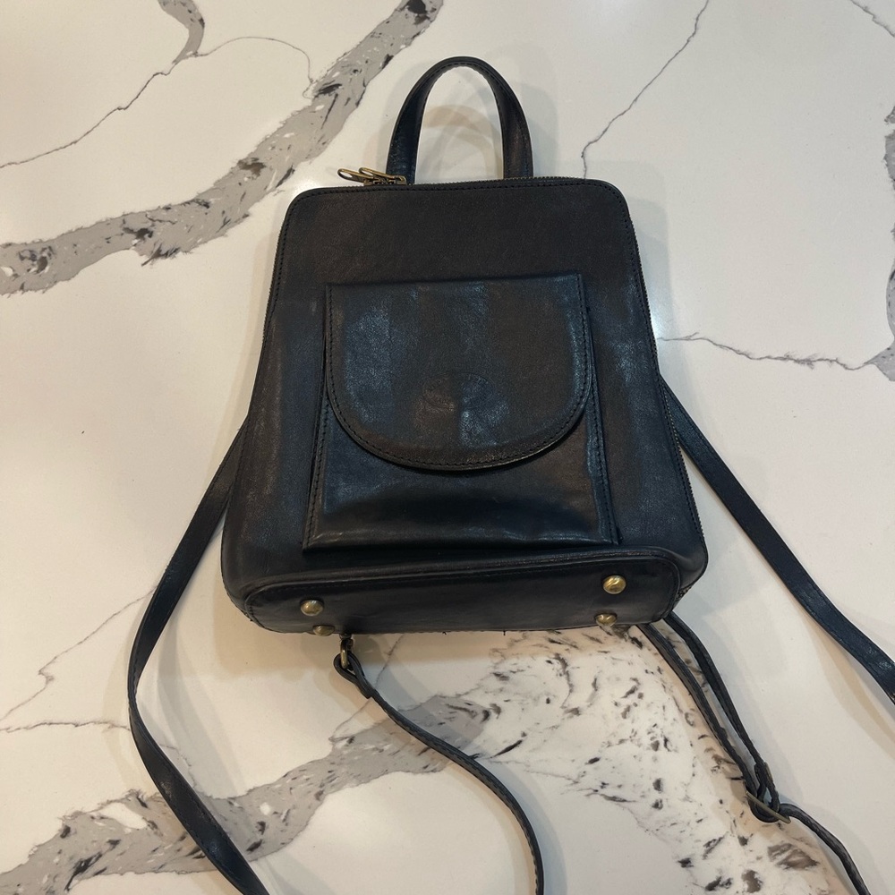 Genuine Italian Leather Black Backpack/ Crossbody